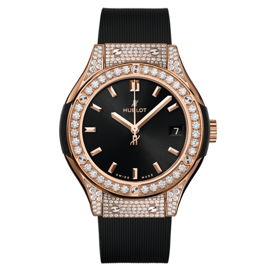 Hublot Classic Fusion King Gold Pavé 33 mm Black Dial with Diamonds Polished 18K King Gold   Leather Strap 581.OX.1480.RX.1704