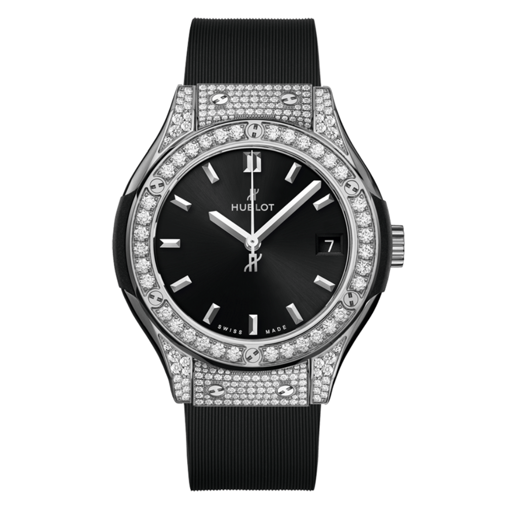 Hublot Classic Fusion Titanium Pavé 33 mm Black Dial Polished Titanium   Leather Strap 581.NX.1470.RX.1704