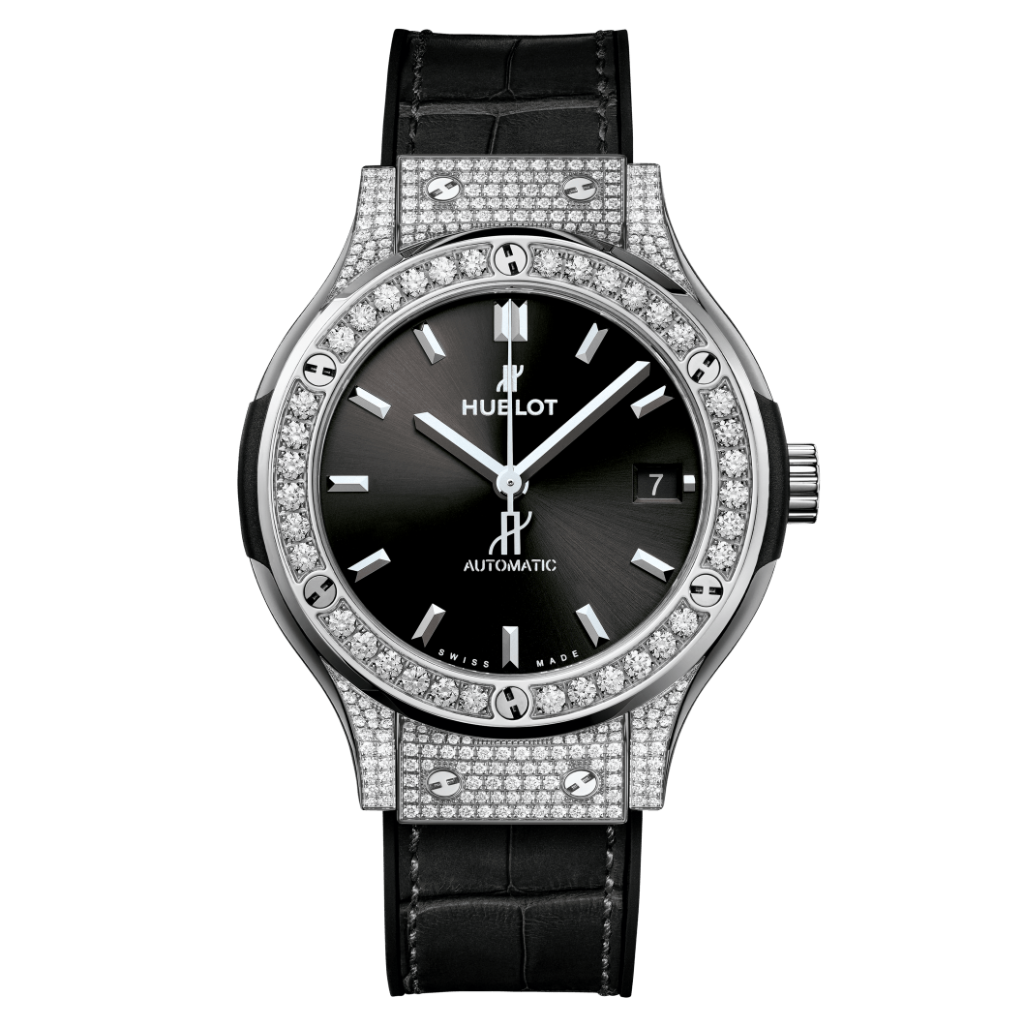 Hublot Classic Fusion Titanium Pavé 38 mm Black Dial with Diamonds Polished Titanium   Leather Strap 565.NX.1470.LR.1604
