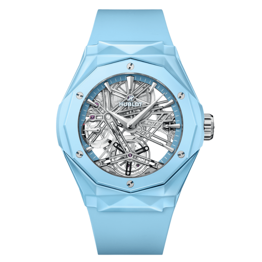 HUBLOT Classic Fusion Tourbillon Orlinski Sky Blue 45 mm Transparent Dial Polished Skly Blue Ceramic Rubber Strap 505.ES.5129.RX.ORL24