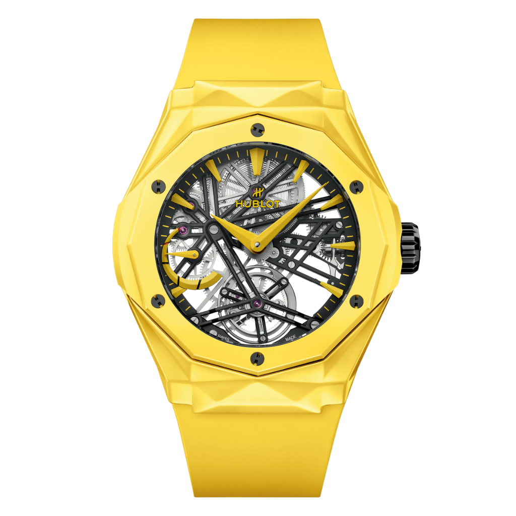 HUBLOT Classic Fusion Tourbillon Orlinski Yellow Magic 45 mm Transparent Dial Polished Yellow Ceramic Rubber Strap 505.CY.119Y.RX.ORL24