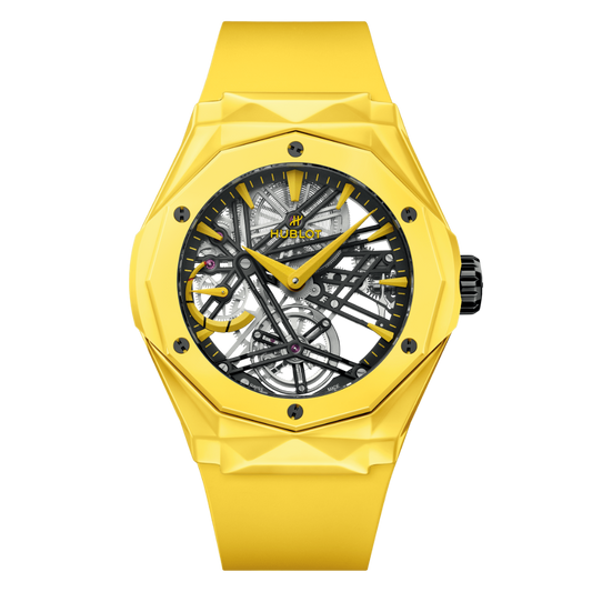 HUBLOT Classic Fusion Tourbillon Orlinski Yellow Magic 45 mm Transparent Dial Polished Yellow Ceramic Rubber Strap 505.CY.119Y.RX.ORL24