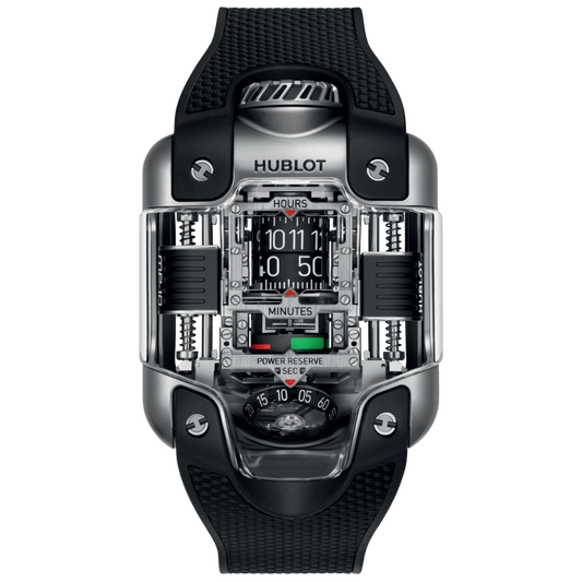 HUBLOT MP-10 Tourbillon Weight Energy System Titanium 54.1 x 41.5 mm Transparent Dial Microblasted Titanium Rubber Strap 910.NX.0001.RX