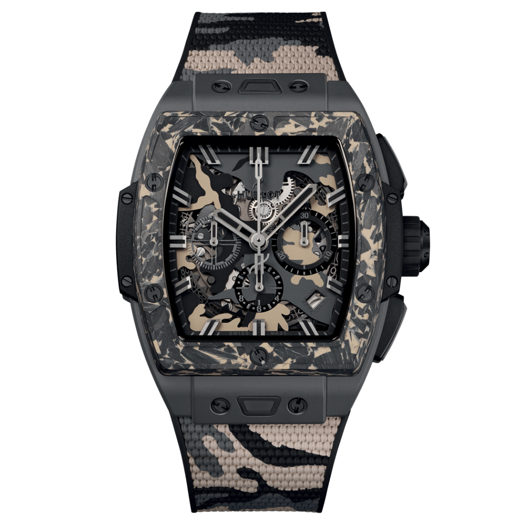 HUBLOT Spirit of Big Bang Ceramic Carbon Beige Camo 42 mm Transparent Dial Microblasted Black Ceramic Rubber Strap 642.CI.0191.RX.ECU23