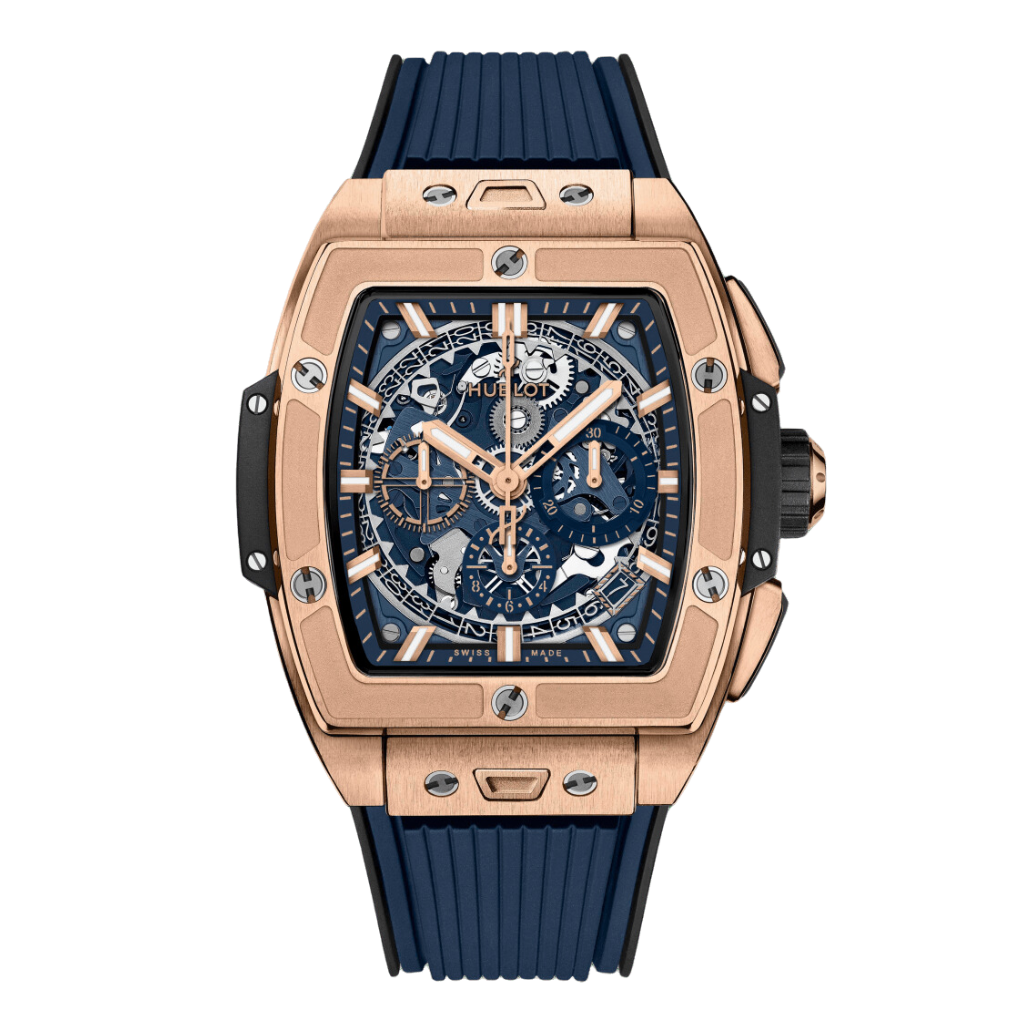 HUBLOT Spirit of Big Bang King Gold Blue 42 mm Transparent Dial Polished 18K King Gold Rubber Strap 642.OX.7180.RX