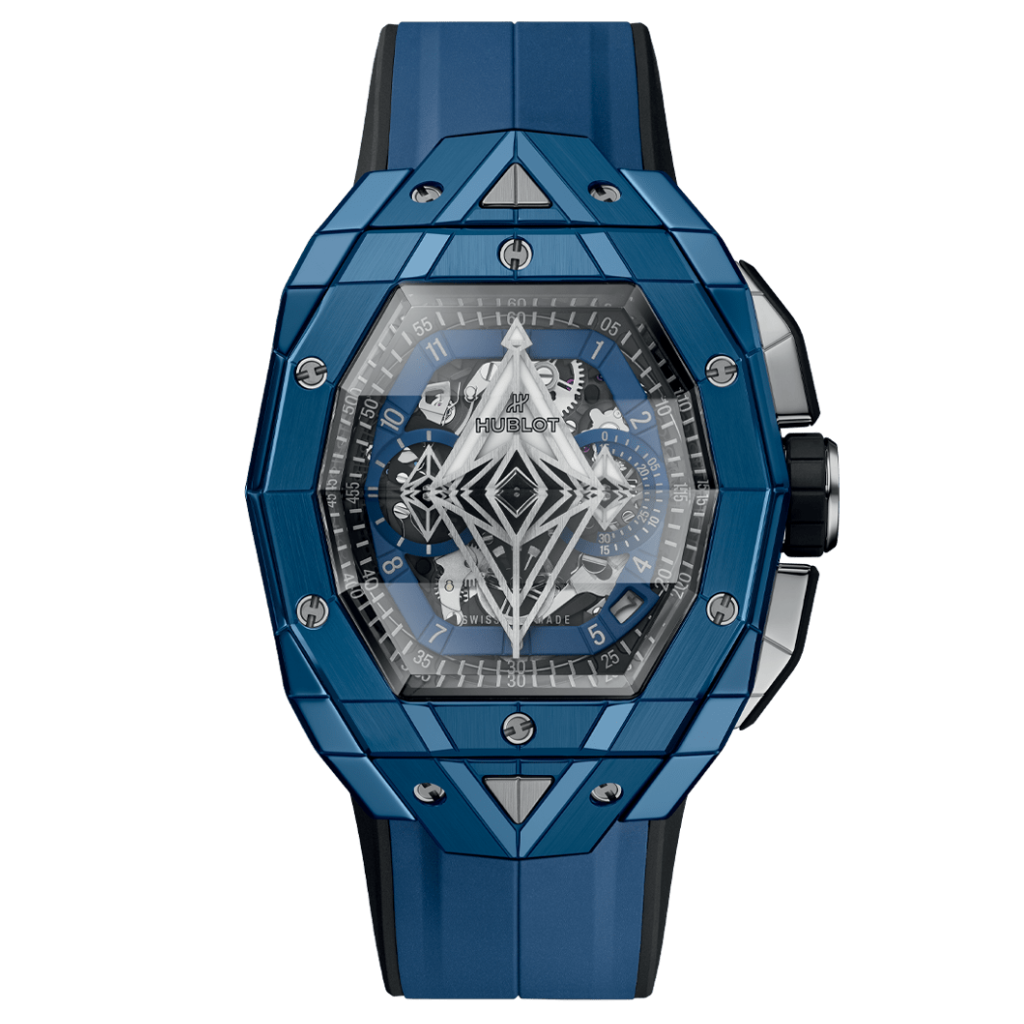 HUBLOT Spirit of Big Bang Sang Bleu Blue Ceramic 42 mm Transparent Dial Polished Blue Ceramic Rubber Strap 648.EX.0151.RX.MXM24