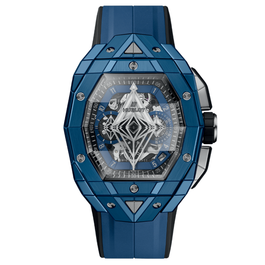 HUBLOT Spirit of Big Bang Sang Bleu Blue Ceramic 42 mm Transparent Dial Polished Blue Ceramic Rubber Strap 648.EX.0151.RX.MXM24