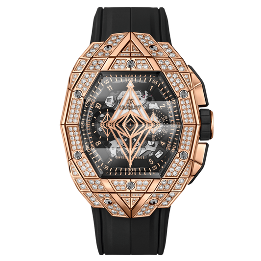 HUBLOT Spirit of Big Bang Sang Bleu King Gold Pavé 42 mm Transparent Dial with Diamonds Polished 18K King Gold Rubber Strap 648.OX.0108.RX.1604.MXM23