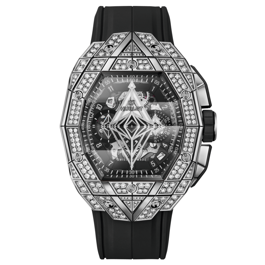 HUBLOT Spirit of Big Bang Sang Bleu Titanium Pavé 42 mm Transparent Dial with Diamonds Polished Titanium Rubber Strap 648.NX.0107.RX.1604.MXM23