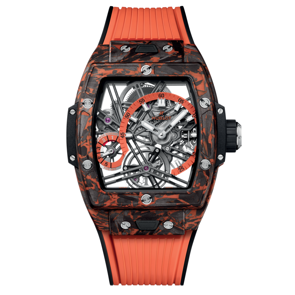 HUBLOT Spirit of Big Bang Tourbillon Orange Carbon 42 mm Transparent Dial Carbon Fiber Rubber Strap 645.QO.4710.RX