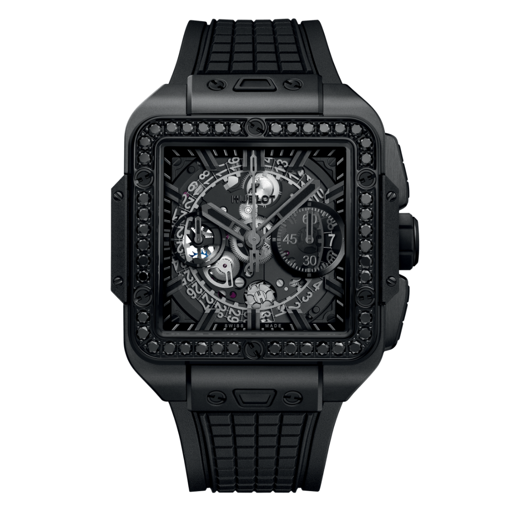 HUBLOT Square Bang Unico All Black Diamonds 42 mm Transparent Dial Microblasted and Polished Black Ceramic Rubber Strap 821.CX.0140.RX.1200
