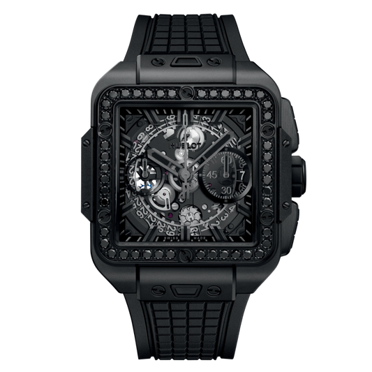 HUBLOT Square Bang Unico All Black Diamonds 42 mm Transparent Dial Microblasted and Polished Black Ceramic Rubber Strap 821.CX.0140.RX.1200