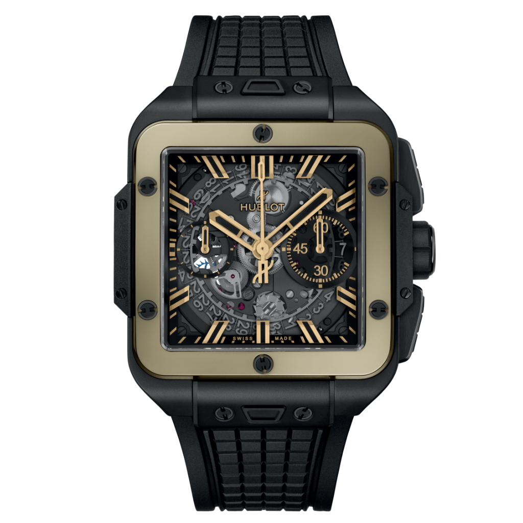 HUBLOT Square Bang Unico Ceramic Magic Gold 42 mm Transparent Dial Microblasted and Polished Black Ceramic Rubber Strap 821.CM.0130.RX