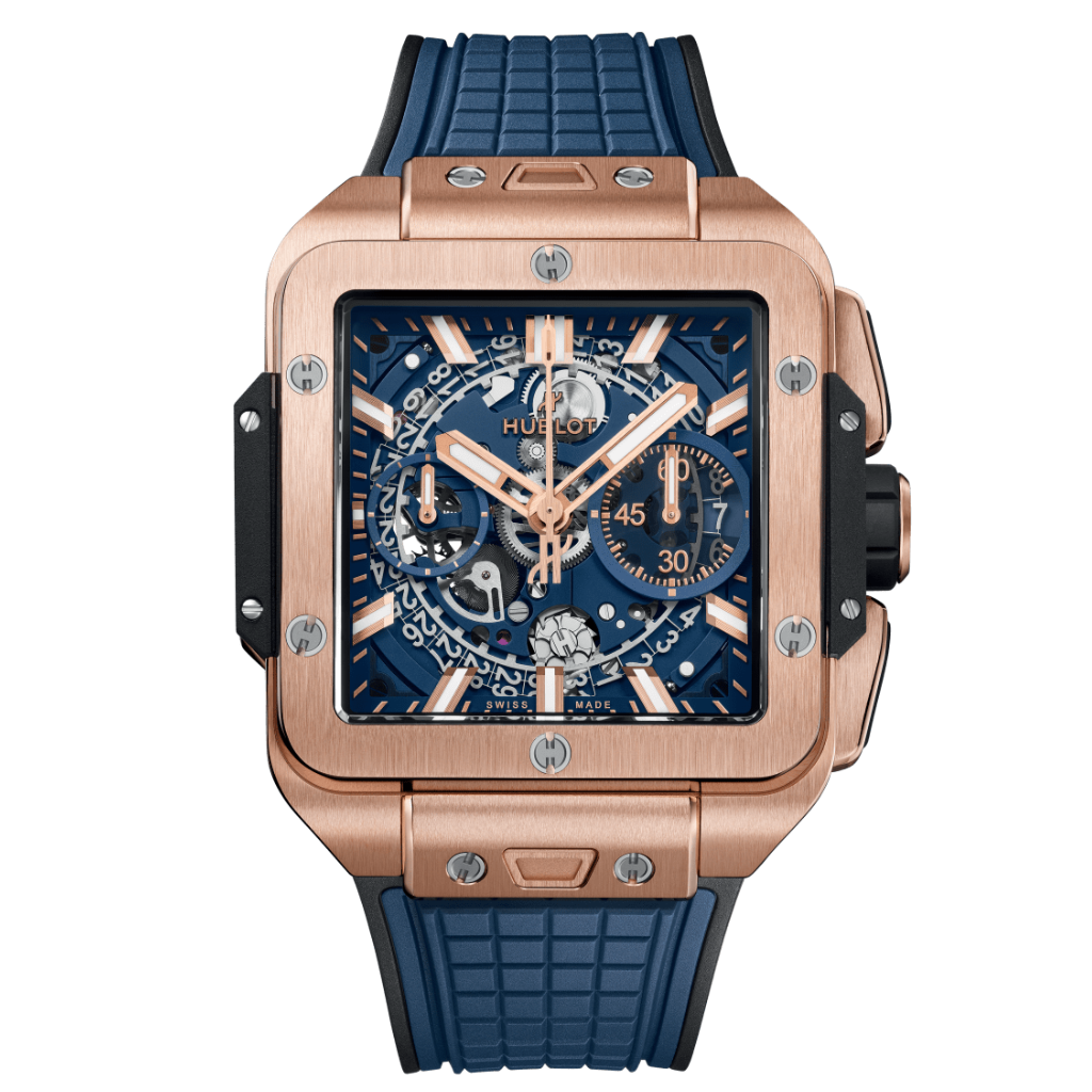 HUBLOT Square Bang Unico King Gold Blue 42 mm Transparent Dial Polished 18K King Gold Rubber Strap 821.OX.5180.RX