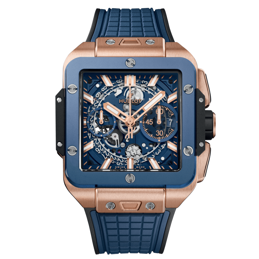HUBLOT Square Bang Unico King Gold Blue Ceramic 42 mm Transparent Dial Polished 18K King Gold Rubber Strap 821.OL.5180.RX