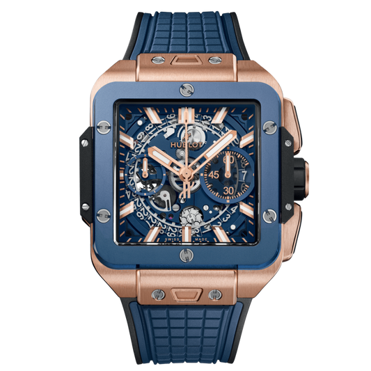 HUBLOT Square Bang Unico King Gold Blue Ceramic 42 mm Transparent Dial Polished 18K King Gold Rubber Strap 821.OL.5180.RX