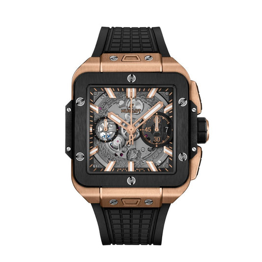 Hublot Square Bang Unico King Gold Ceramic 42 mm Transparent Dial Polished 18K King Gold Rubber Strap 821.OM.0180.RX