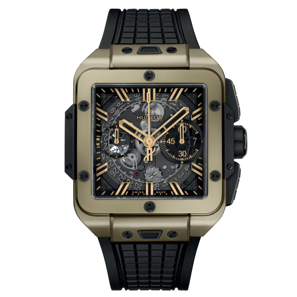 HUBLOT Square Bang Unico Magic Gold 42 mm Transparent Dial Polished 18K Magic Gold Rubber Strap 821.MX.0130.RX