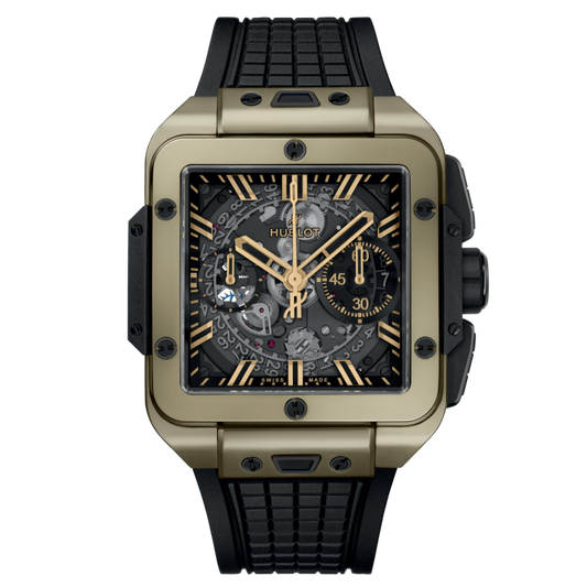 HUBLOT Square Bang Unico Magic Gold 42 mm Transparent Dial Polished 18K Magic Gold Rubber Strap 821.MX.0130.RX