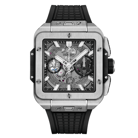 HUBLOT Square Bang Unico Titanium 42 mm Transparent Dial Polished Titanium Rubber Strap 821.NX.0170.RX