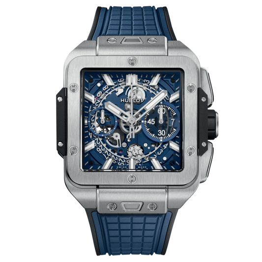 HUBLOT Square Bang Unico Titanium Blue 42 mm Transparent Dial Polished Titanium Rubber Strap 821.NX.5170.RX