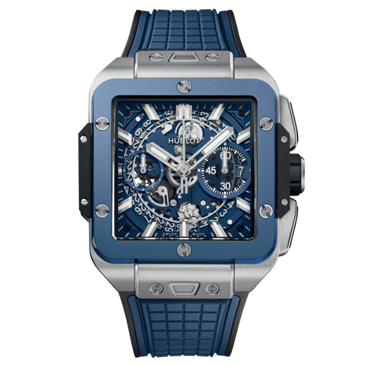 HUBLOT Square Bang Unico Titanium Blue Ceramic 42 mm Transparent Dial Polished Titanium Rubber Strap 821.NL.5170.RX