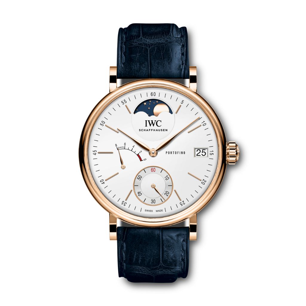 IWC Schaffhausen Portofino Hand-Wound Moon Phase 45 mm Silver  Dial 18 Kt 5N Gold Blue   Leather Strap IW516409