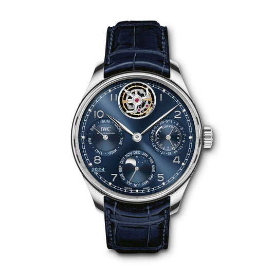 IWC Schaffhausen Portugieser Perpetual Calendar Tourbillon 45 mm Blue Dial Platinum Blue   Leather Strap IW504506