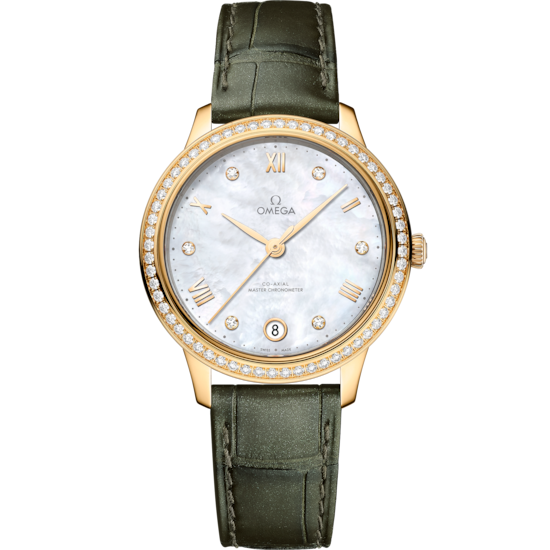 Omega De Ville Prestige 34 mm White Dial with Diamonds 18k Yellow Gold Strap 434.58.34.20.55.002