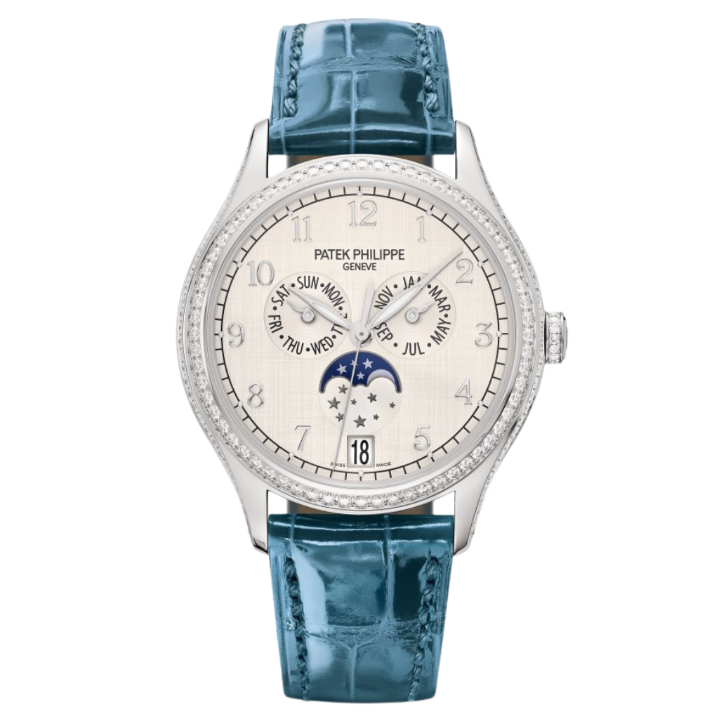 Patek Philippe Complications 38 mm Silver Dial with Diamonds 18K White Gold Leather Strap 4947G-010