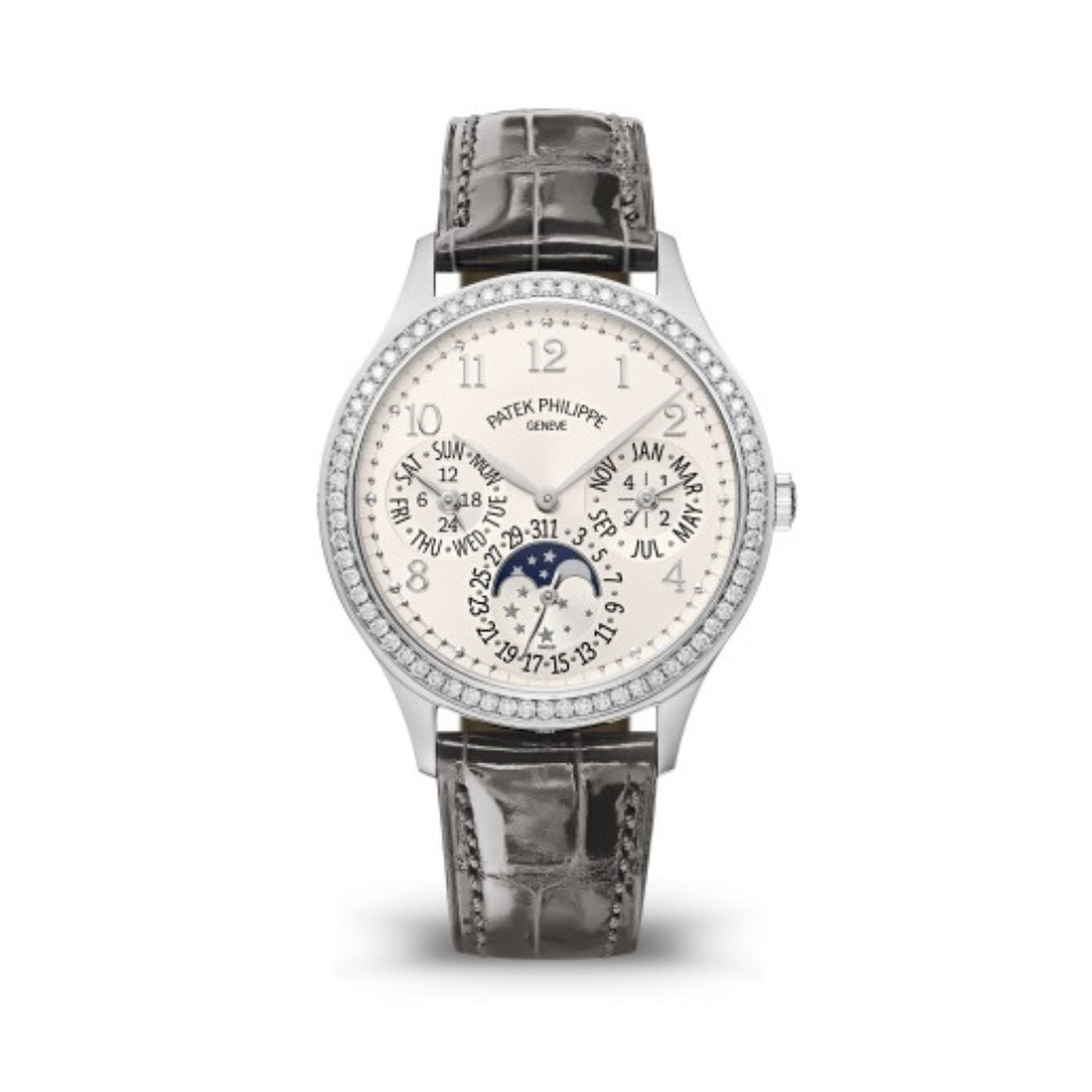 Patek Philippe Grand Complications 35.1 mm Silver Dial with Diamonds White Gold Leather Strap 7140G-001