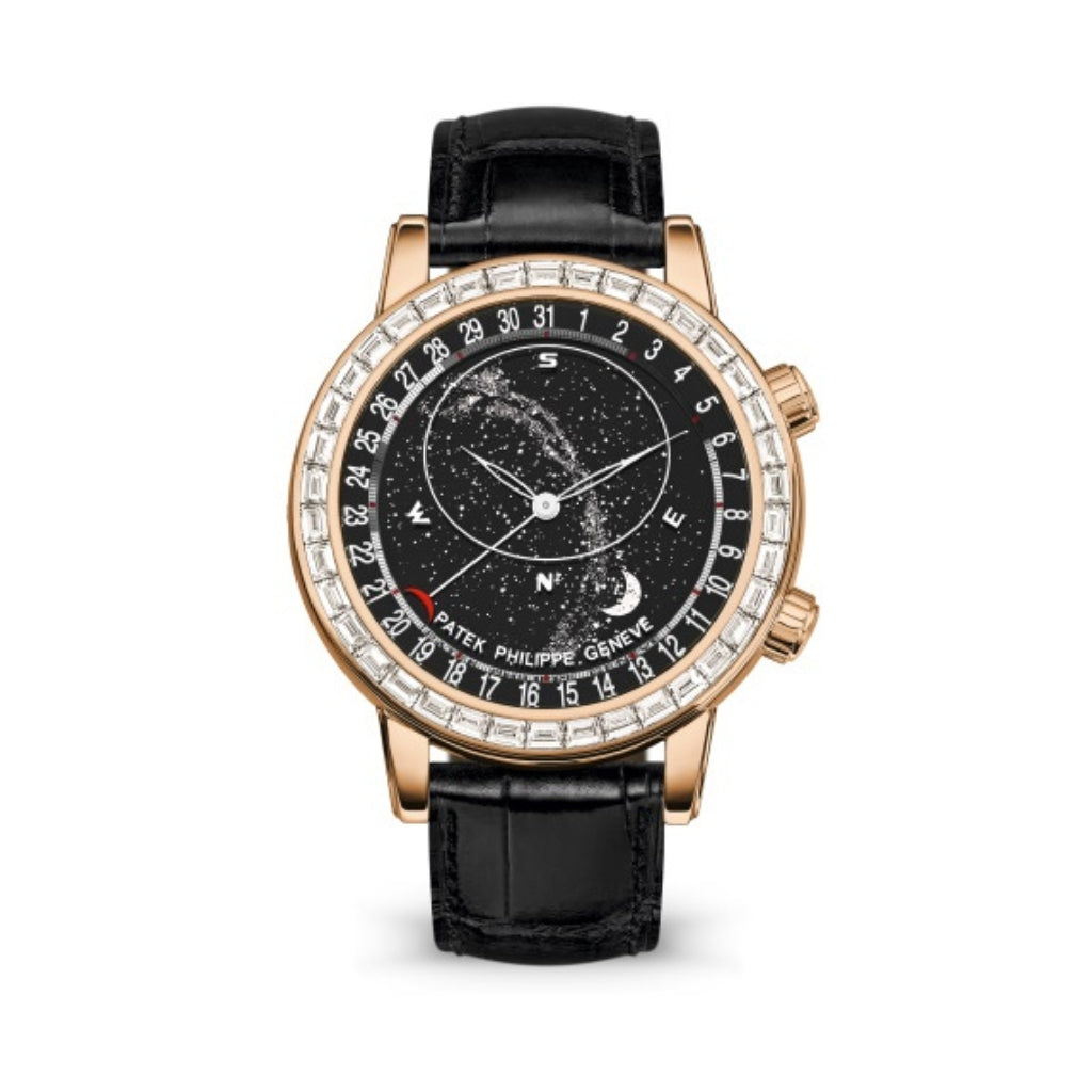Patek Philippe Grand Complications 44 mm Black Dial with Diamonds 18k Rose Gold Leather Strap 6104R-001