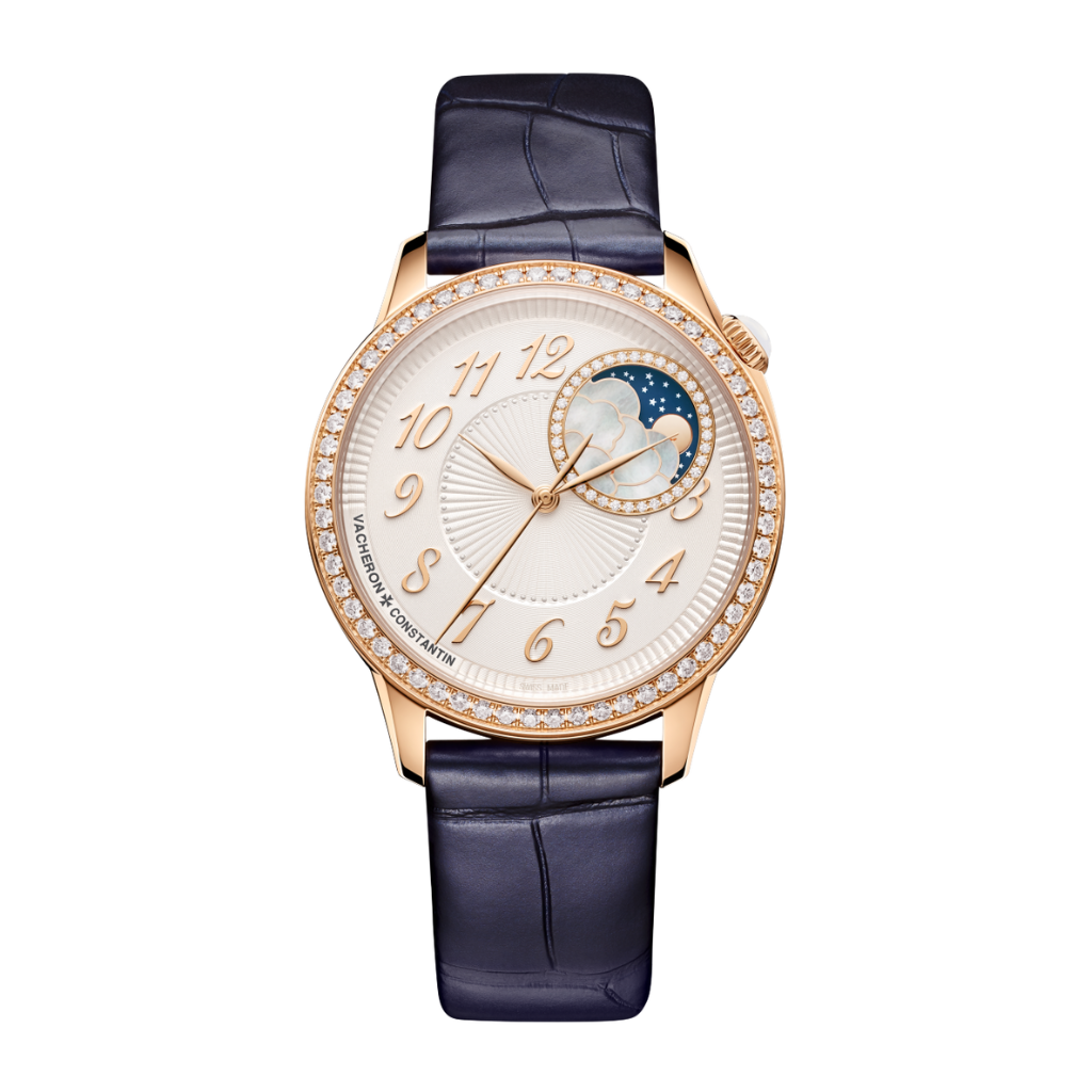 Vacheron Constantin Égérie moon phase 37 mm Silver Dial with Diamonds 18K Pink Gold   Leather Strap 8005F/000R-B498