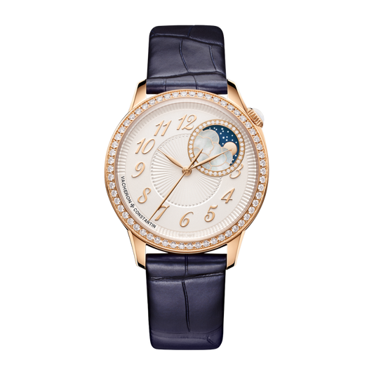 Vacheron Constantin Égérie moon phase 37 mm Silver Dial with Diamonds 18K Pink Gold   Leather Strap 8005F/000R-B498