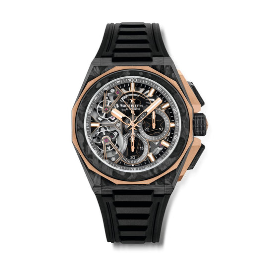 Zenith DEFY EXTREME DOUBLE TOURBILLON 45 mm Silver Dial Black Carbon & 18k Rose Gold Rubber Strap 12.9100.9020/78.I200