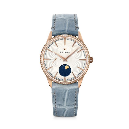 Zenith ELITE MOONPHASE 36 mm Silver Dial with Diamonds 18k Rose Gold   Leather Strap 22.3200.692/01.C832