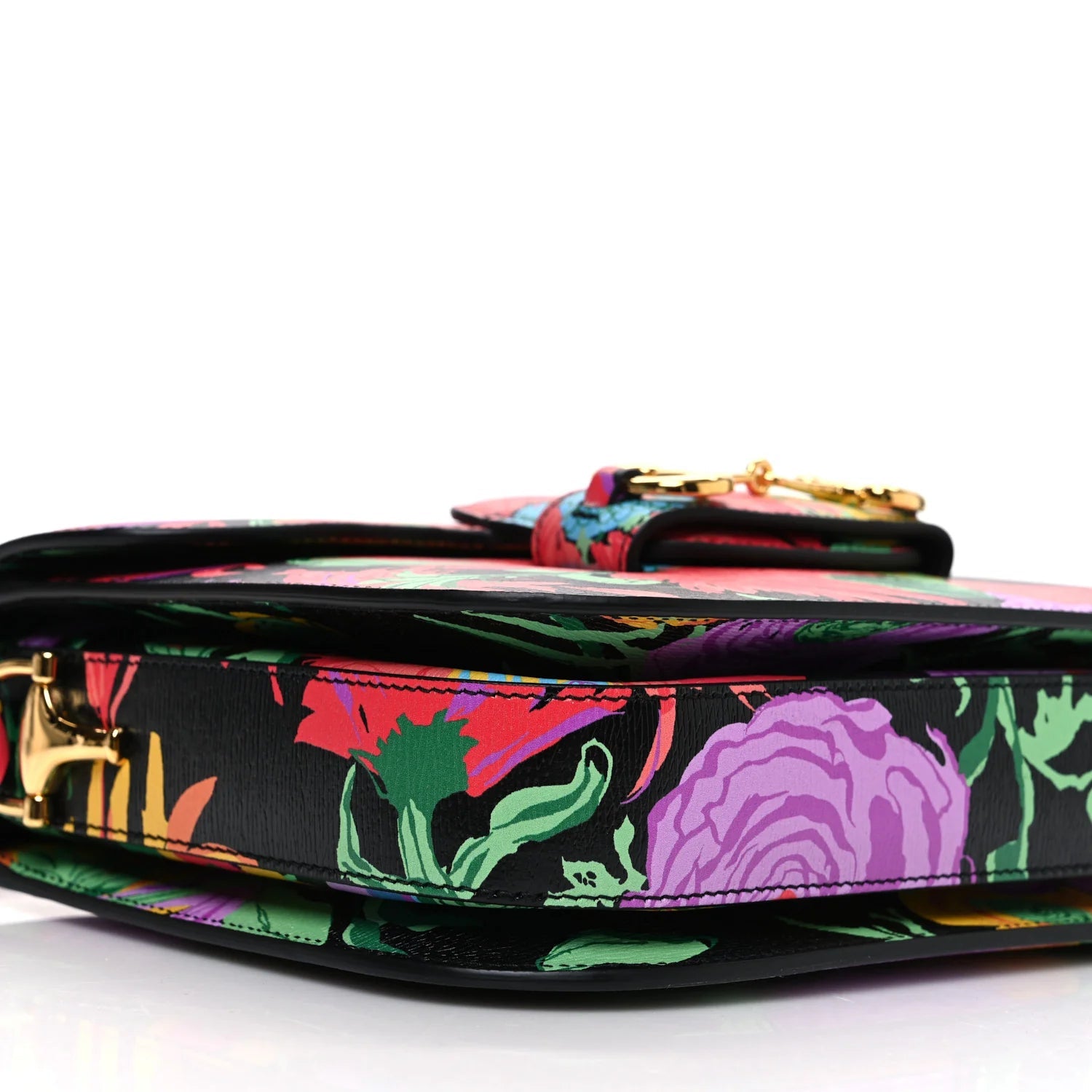 X KEN SCOTT New Shangai Calfskin Jenny Floral Print Horsebit 1955 Shoulder Bag Black Pink