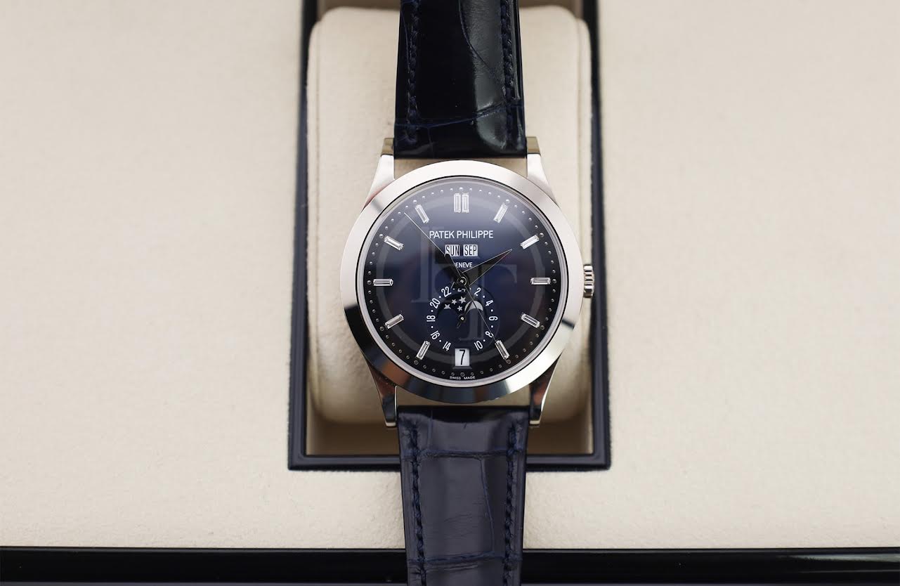 Patek Philippe Complications Annual Calendar Moon Phases White Gold Blue Baguette Diamond Dial | 5396G-017