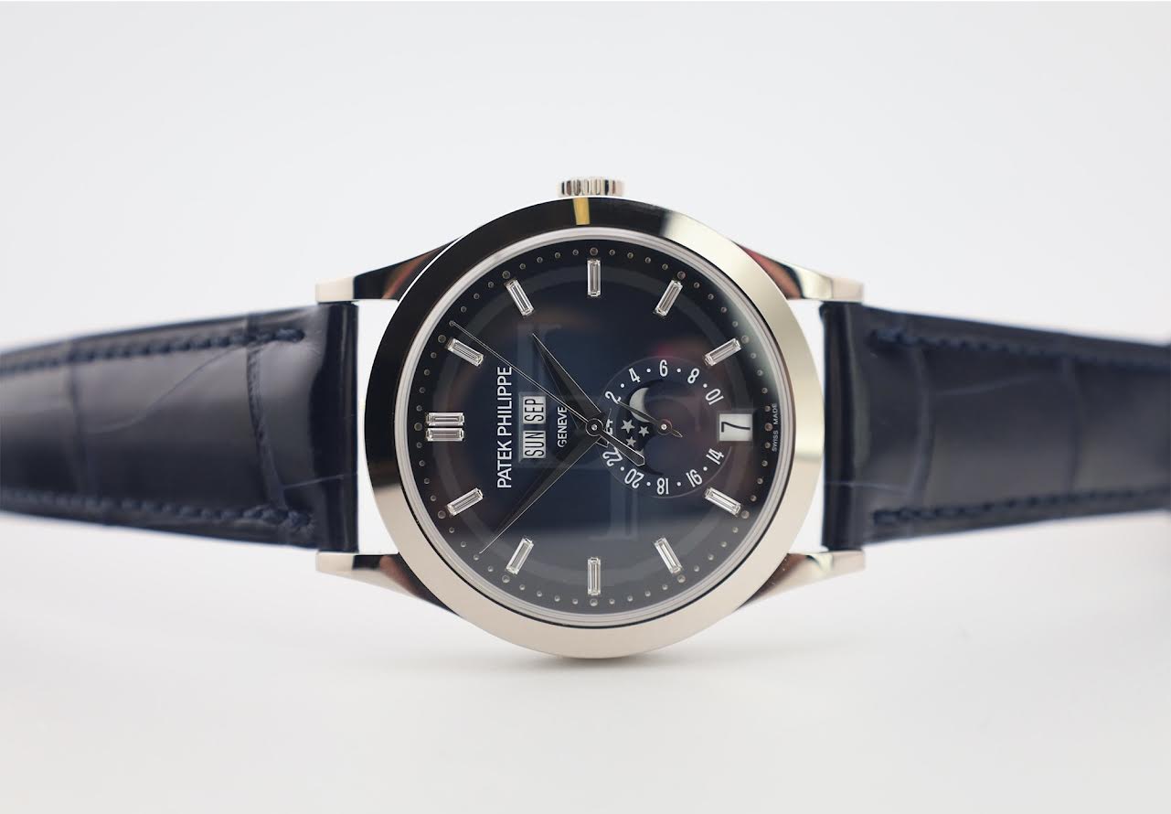 Patek Philippe Complications Annual Calendar Moon Phases White Gold Blue Baguette Diamond Dial | 5396G-017
