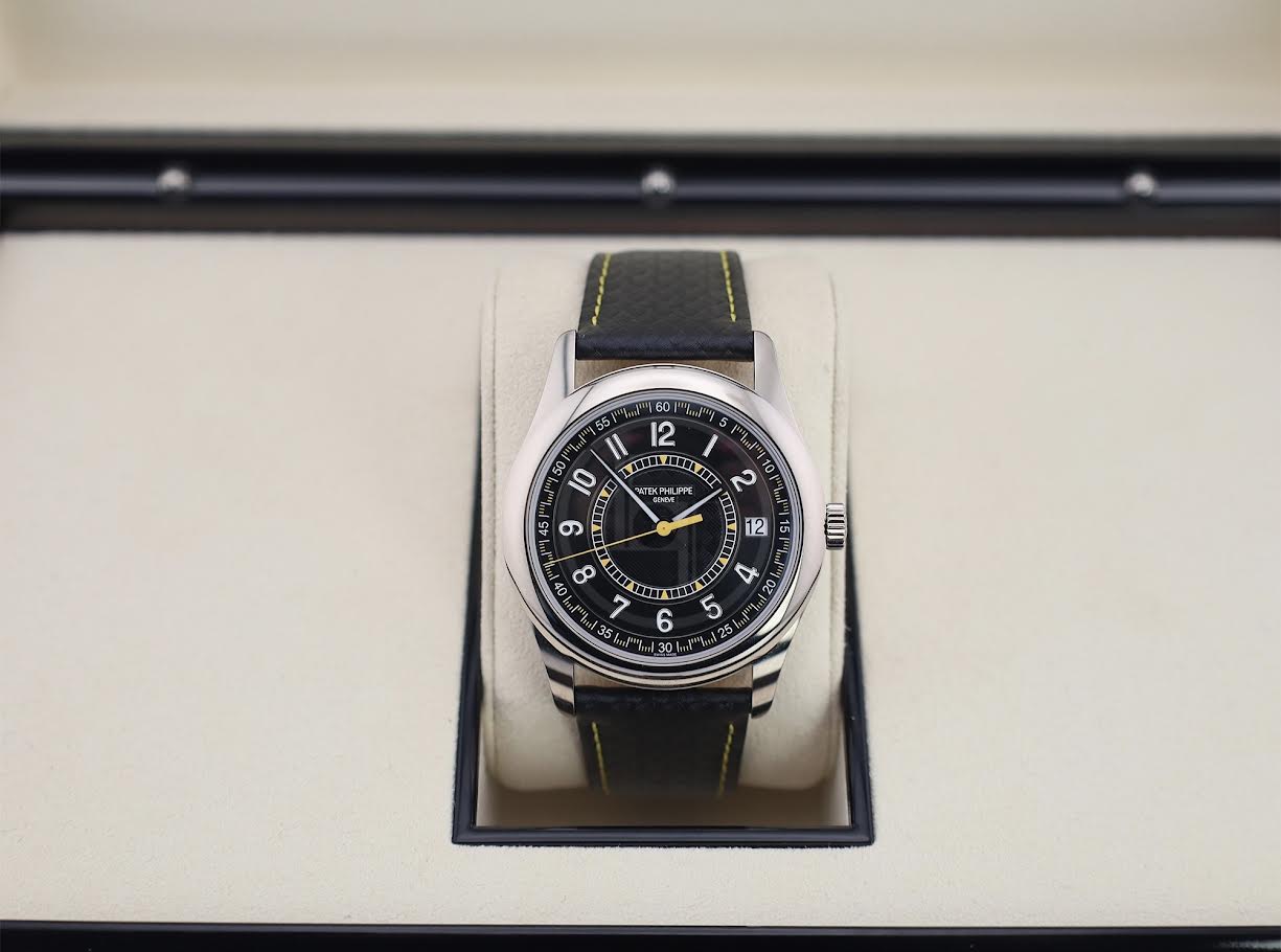Patek Philippe Calatrava Date Sweep Seconds White Gold Black Carbon Motif Yellow Dial | 6007G-001