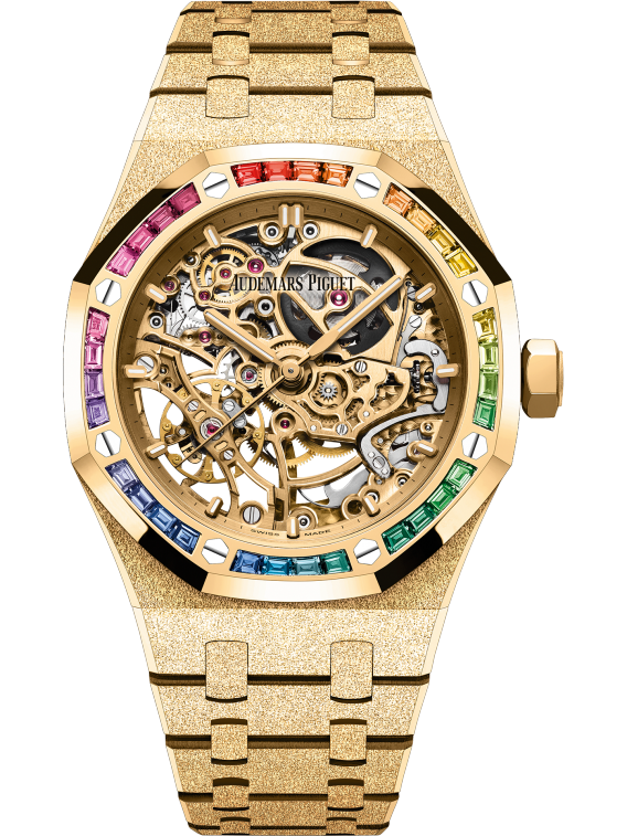 Audemars Piguet Royal Oak Frosted Gold Double Balance Wheel Openworked 37mm Rainbow Set Bezel 15468BA.YG.1259BA.01-B