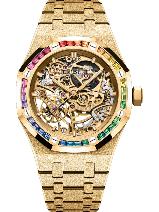 Audemars Piguet Royal Oak Frosted Gold Double Balance Wheel Openworked 37mm Rainbow Set Bezel 15468BA.YG.1259BA.01-B