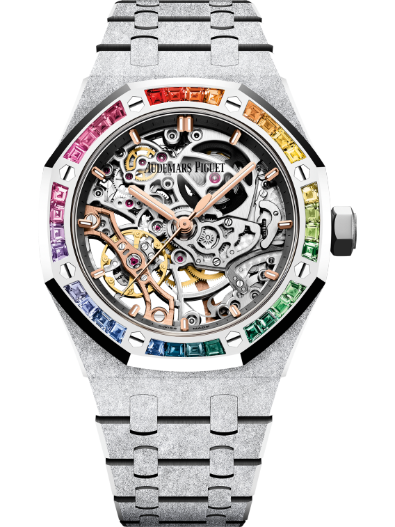 Audemars Piguet Royal Oak Frosted Gold Double Balance Wheel Openworked 37mm Rainbow Baguette Sapphires Bezel 15468BC.YG.1259BC.01-B