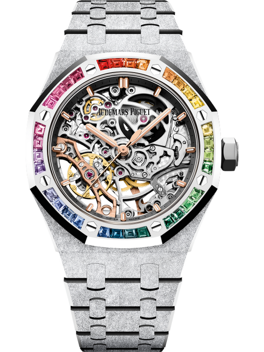 Audemars Piguet Royal Oak Frosted Gold Double Balance Wheel Openworked 37mm Rainbow Baguette Sapphires Bezel 15468BC.YG.1259BC.01-B