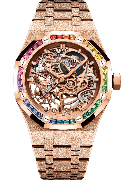 Audemars Piguet Royal Oak Frosted Gold Double Balance Wheel Openworked 37mm Rainbow Set Bezel 15468OR.YG.1259OR.01-B
