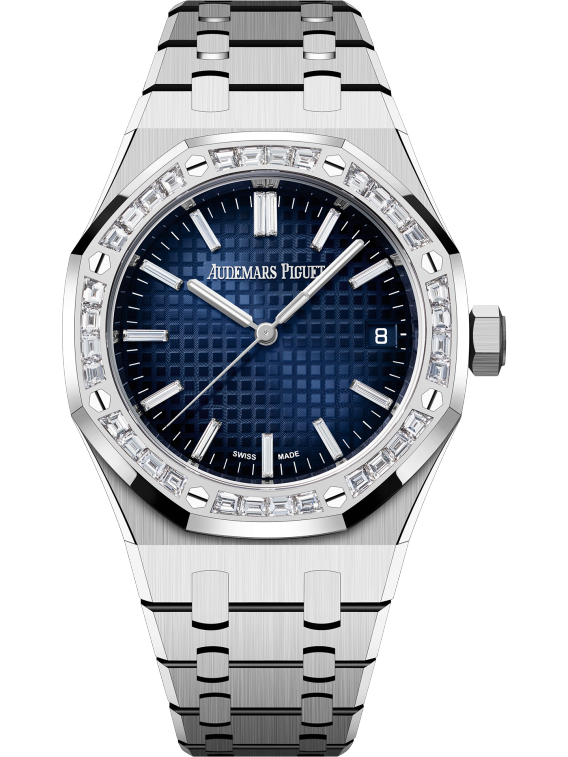 Audemars Piguet Royal Oak 37mm White Gold Diamond Set Bezel Blue Diamond Baguette Dial 15551BC.ZZ.1356BC.01
