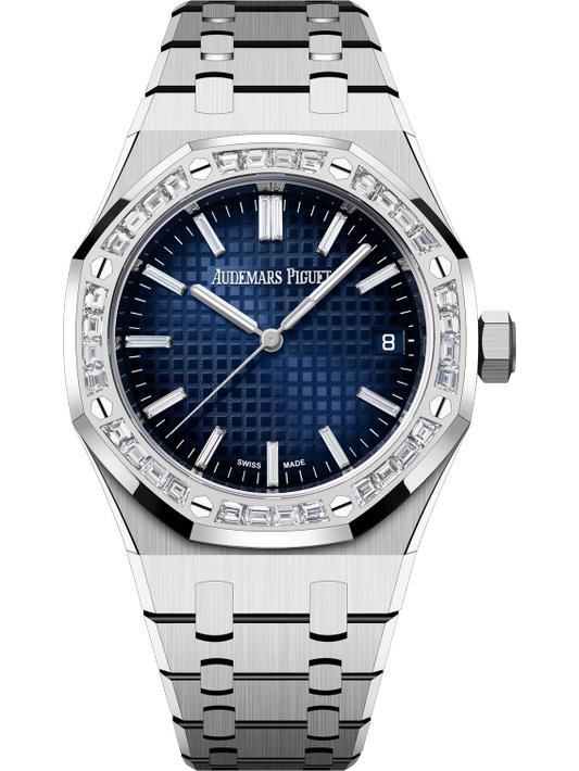 Audemars Piguet Royal Oak 37mm White Gold Diamond Set Bezel Blue Diamond Baguette Dial 15551BC.ZZ.1356BC.01