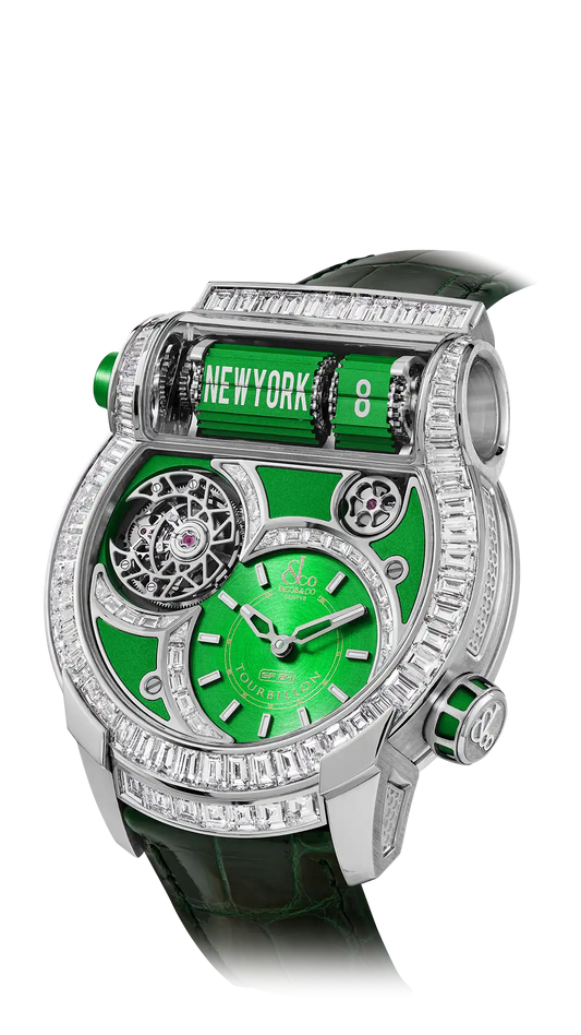 Epic SF24 Tourbillon Baguette |  White Gold Green Dial Jacob & Co.
