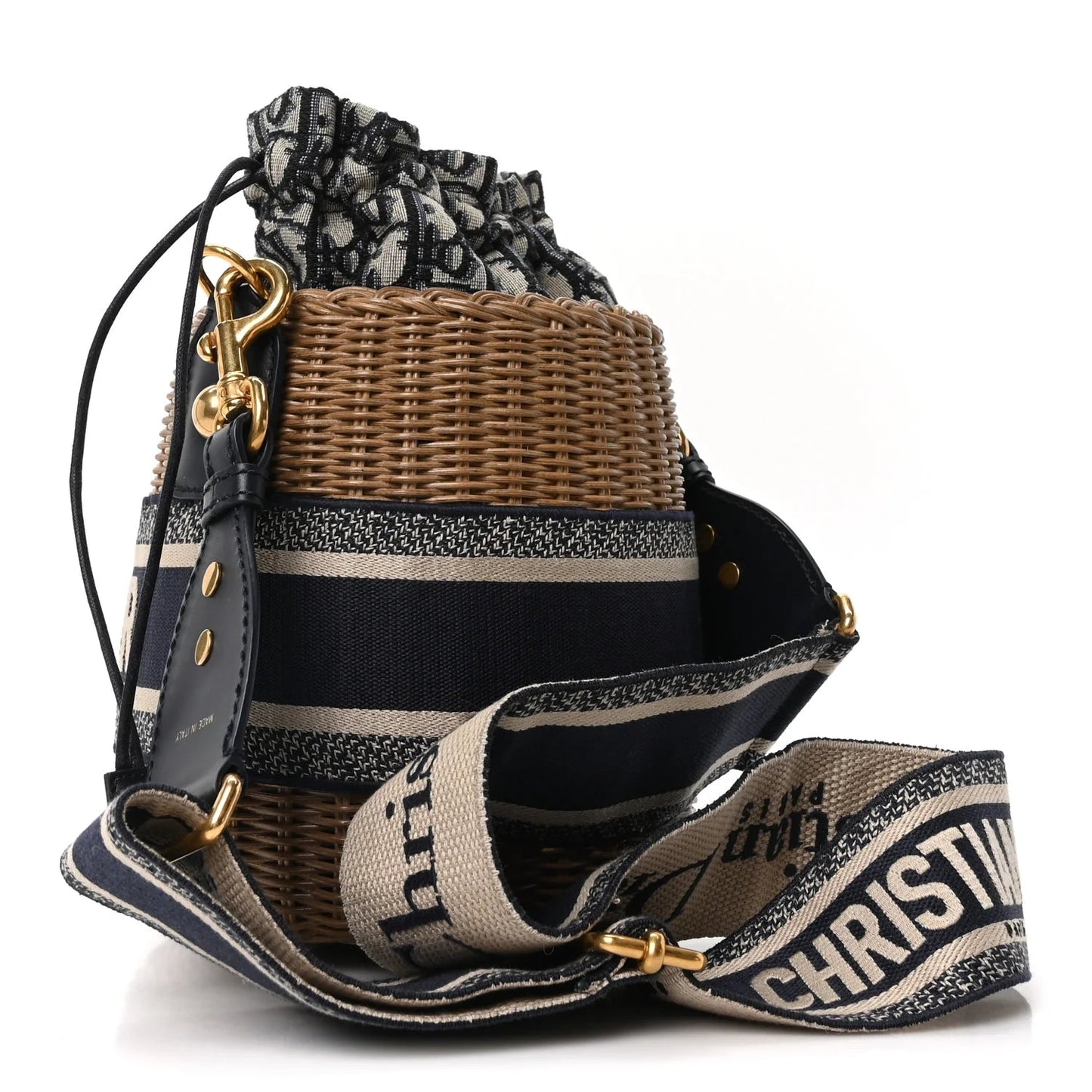 Wicker Oblique Drawstring Bucket Bag Blue