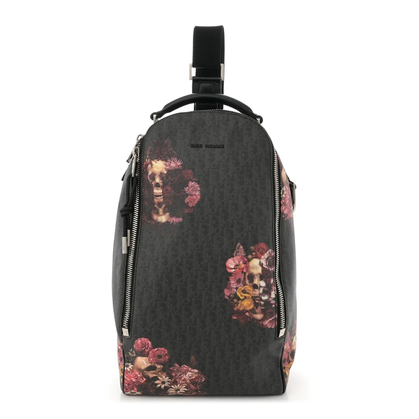 X Toru Kamei Coated Canvas Floral Skull Sling Backpack Grey Multicolor